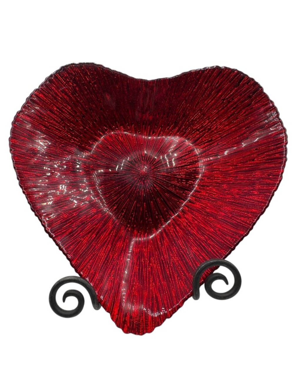 Red Glass Heart Shaped Serving Bowl Dish Ribbed Textured Valentine's Day 11.75"